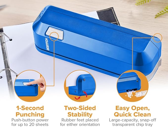 Bostitch Office Electric 3-Hole Punch, Dual Paper Loading, Heavy Duty, Jam-Free 20 Sheet Capacity, AC Adapter or Battery Powered, Space Saving, Blue, (EHP20-BLUE)