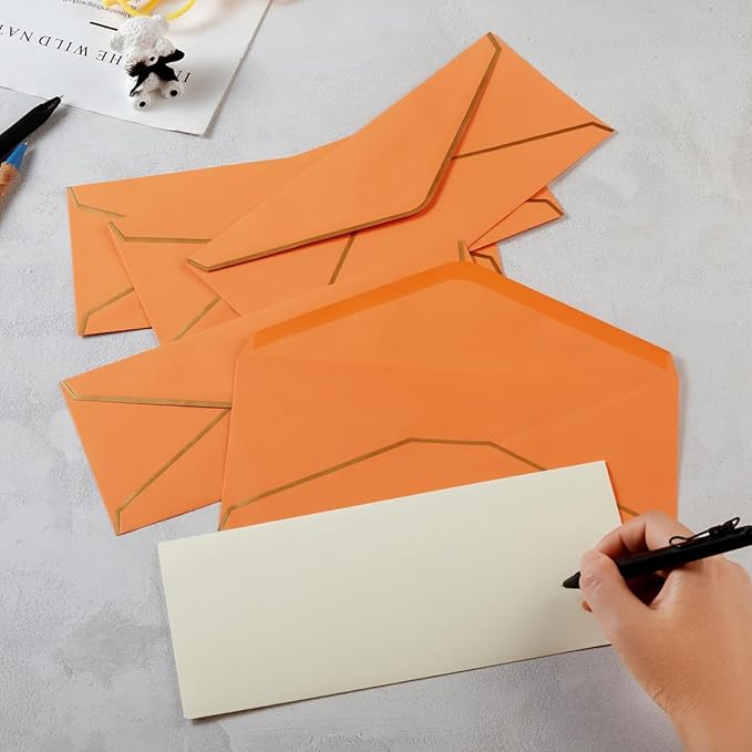 50 Pack #10 Business Envelopes with Gold Border, Self Seal Standard Envelopes with Gold Stickers for Office, Checks, Letter Mailing, Invoices, 4 1/8 x 9 1/2 Inches (Dark Orange)