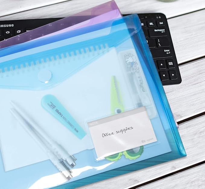 24 Pack Folders Plastic Envelopes, Colorful Plastic File Folders for Document, Letter A4 Size Poly File Envelopes with Label Pocket, Hook & Loop Closure for School Home Work Office Organizer, 6 Colors