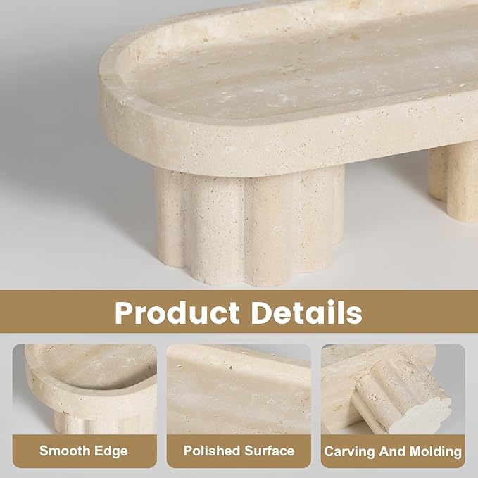 Natural Beige Travertine Oval Tray with Two Legs - 10 Inch Elegant Vanity Decor, Desk Organizer for Perfume, Jewelry & Candle Holder | Durable Stone Serving Tray