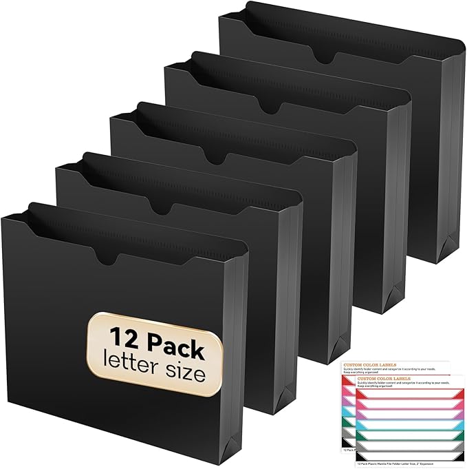 Plastic File Jackets Letter Size,12 Pack Reinforced Manilla File Pocket Folders, Heavy Duty File Folders with Straight Cut Tab,2 Inch Expanding File Folder for Documents,File Pockets