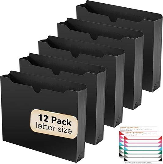 Plastic File Jackets Letter Size,12 Pack Reinforced Manilla File Pocket Folders, Heavy Duty File Folders with Straight Cut Tab,2 Inch Expanding File Folder for Documents,File Pockets
