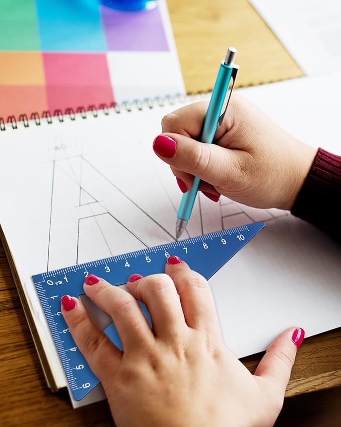 Honagu Triangular Ruler Set, 4 Pieces Aluminum Alloy Ruler, Metal Drafting Ruler, Geometric Protractor for Students, Draftsmen, Engineers, School Office Supplies (Blue)