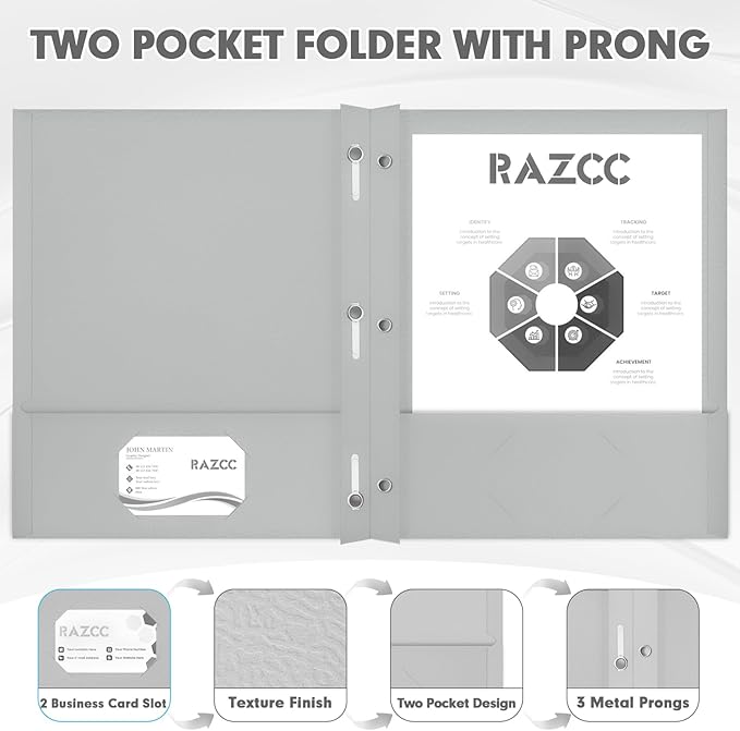 Two Pocket Folders, RAZCC 75 Pack Two Pocket Folders with Prongs, 3 Prong Folders Fit Letter Size Paper, Pocket File Folders for School Office Home Business, Grey