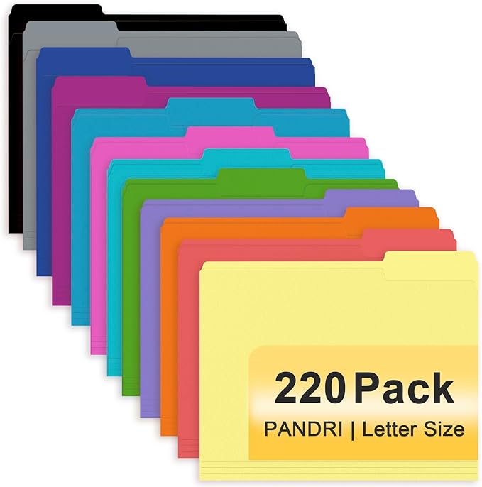 File Folder, PANDRI 220 Pack Colored File Folder, 1/3 Cut Tab, Letter Size, Assorted 12 Colors Filing Folder for Office School Business