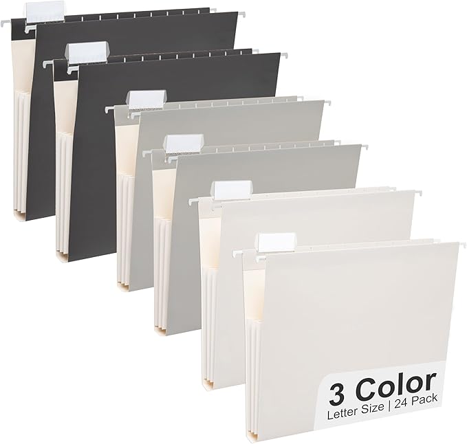 Y YOMA Letter Size - 24 Pack Extra Capacity Hanging File Folders Accordion Decorative Reinforced File Folder Cute Colored Expandable Folder for Office Home with 1/5-Cut Adjustable Tabs, Ash Grey