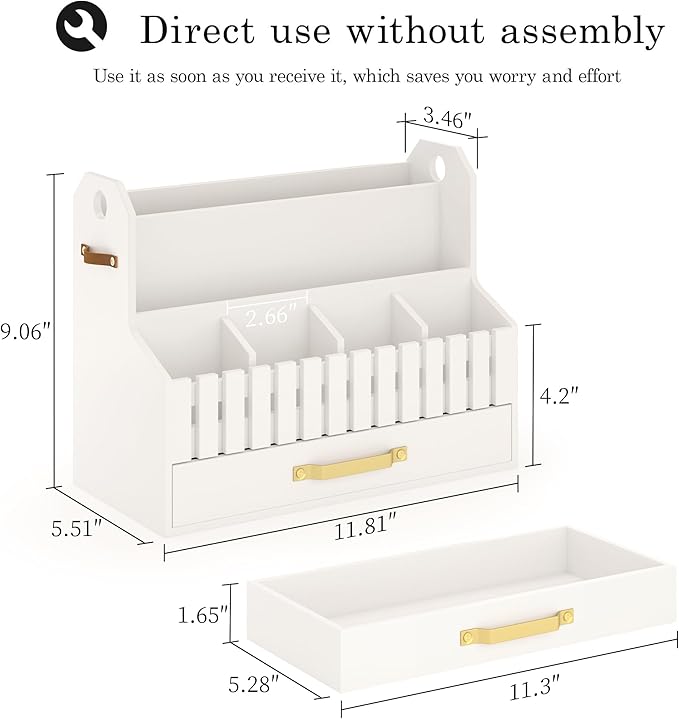 Bamboo Mail Organizer Countertop with Drawers, Wood Desk File Organizer Desktop Paper Organization Storage Bill & Letter Sorter Holder for School Home Office Supplies, No Assembly Required (White)