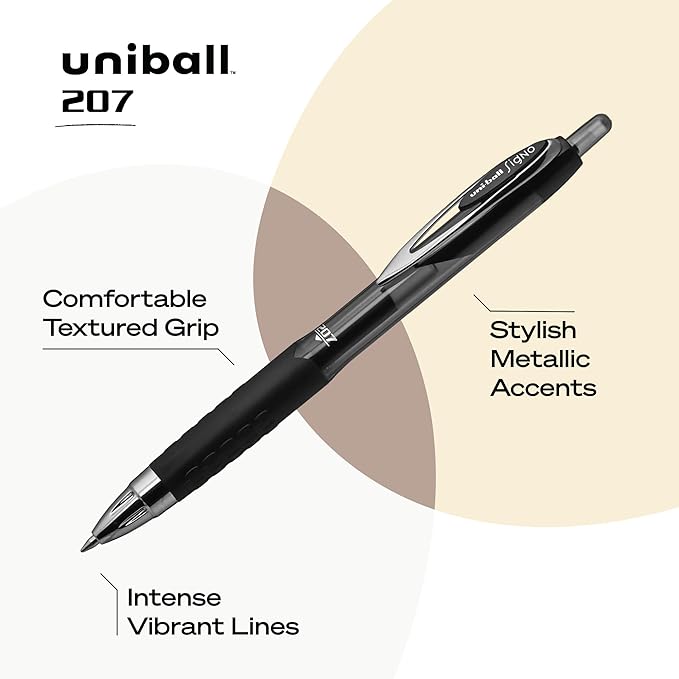 uniball 207 Needle Retractable Gel Pens, Medium Point (0.7mm), Black, 5 Pack