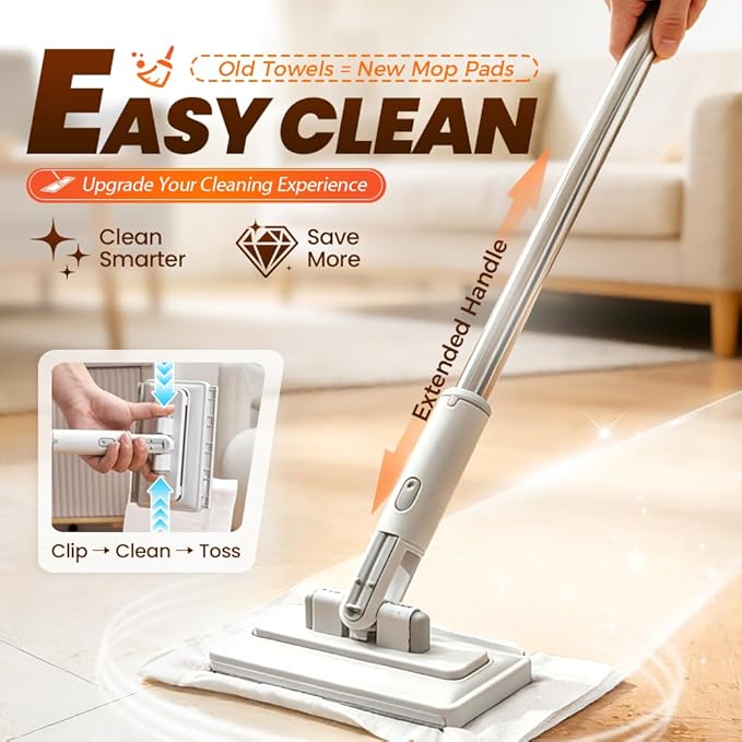 Snap Grip Mini Mop,Mini Sweeper Mop No-Touch Dirty Cleaning Flat Dust Mop for Dry Wet Disposable Pads,Corners Wall Multi Surface Cleaning (White 6.3x40 inch)