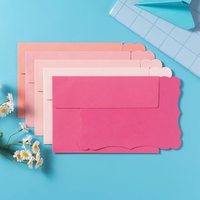 100 Pack A7 Envelopes with Blank 5 x 7 Cards Pink Self-Adhesive Business Envelopes Invitations Cards Envelopes (5 Colors Pink, A7)