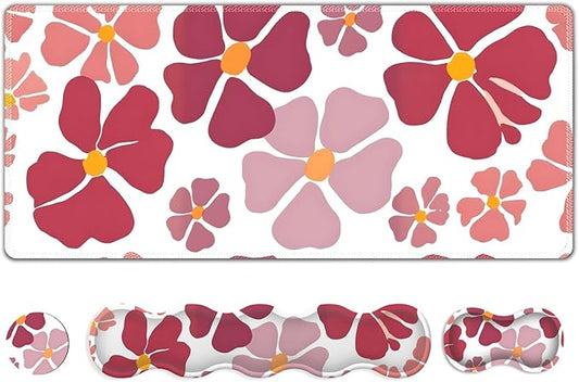 Desk Mat Gaming Mouse Pad, Cute Desk Matt Keyboard Wrist Rest for Desktop, Anti-Slip Mousepad w/Stitched Edges, XXL Large Mouse Pad with Wrist Support for Desk Computer I Burgundy Lucky Flower