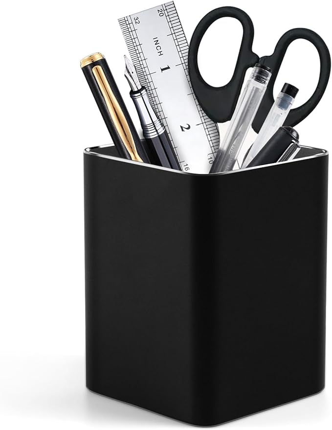 RQB Metal Pen Holder for Desk Square Aluminum Desktop Organizer and Makeup Brush Holder Storage Box for Office, School, Home, and Kids, Non-slip silicone 4×3.15inch (Black)