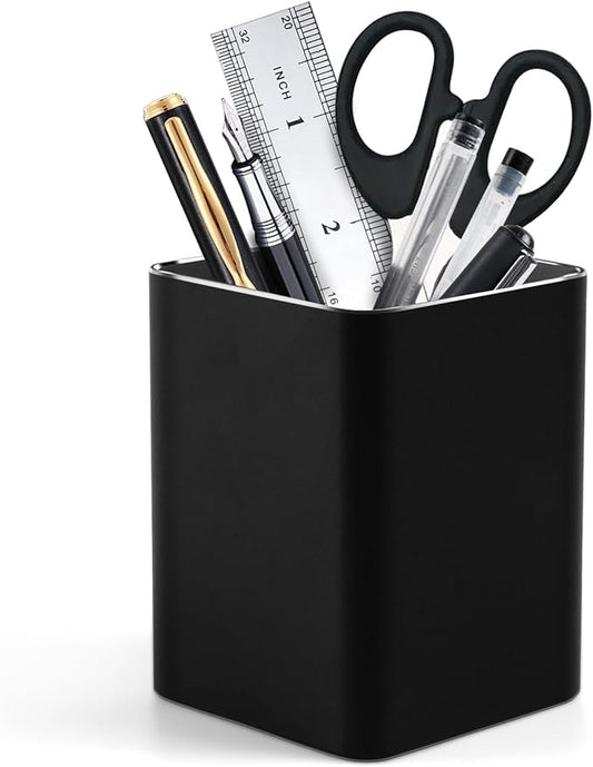 RQB Metal Pen Holder for Desk Square Aluminum Desktop Organizer and Makeup Brush Holder Storage Box for Office, School, Home, and Kids, Non-slip silicone 4×3.15inch (Black)