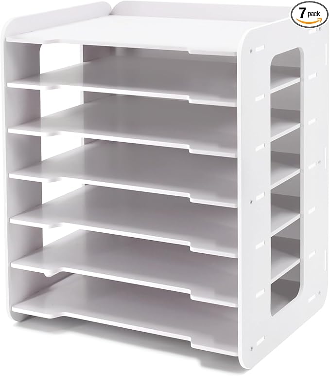 SONGWAY Paper Storage Organizer for Desk - 7 Tier Horizontal Paper Sorter Organizer, Letter Mail Tray, File Folder Holder Rack, White Desk File Organizer for Home Office