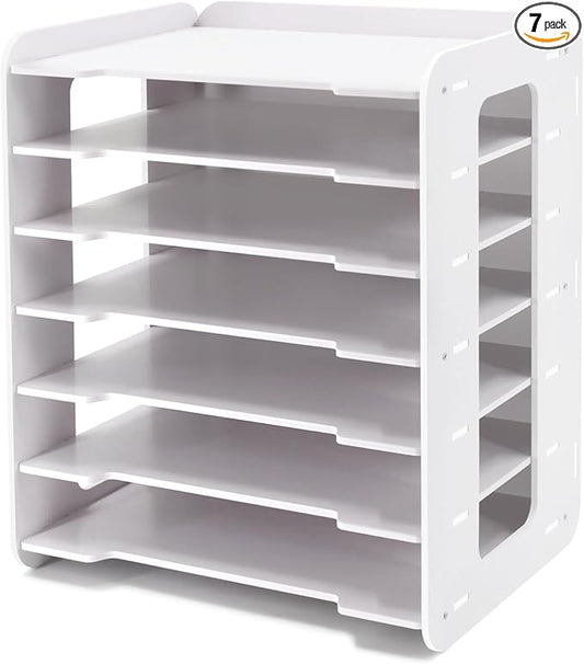 SONGWAY Paper Storage Organizer for Desk - 7 Tier Horizontal Paper Sorter Organizer, Letter Mail Tray, File Folder Holder Rack, White Desk File Organizer for Home Office