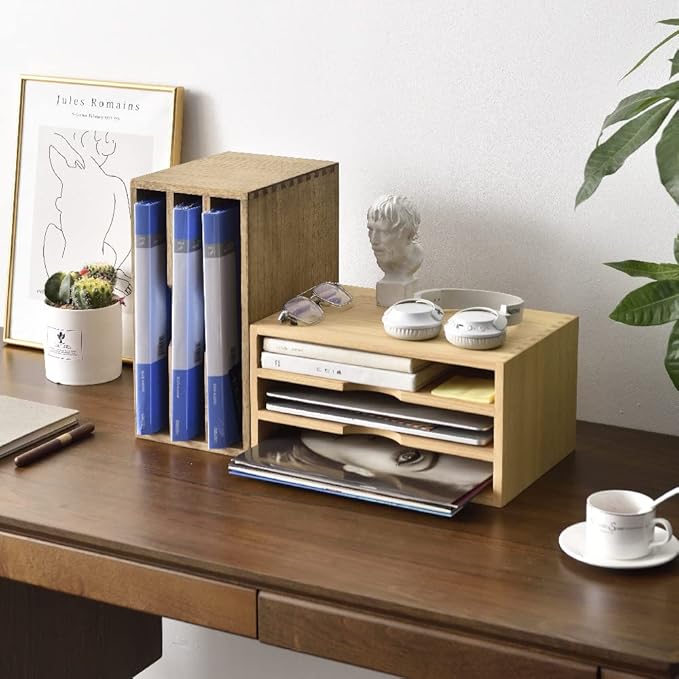 KIRIGEN Wooden Desktop Organizer Paper Storage Letter Tray File Sorter - Desk Rack Magazine File Dividers Holders for Home Office Accessories with 3 Layer Trays Dark Brown (3KWJG-DBR)