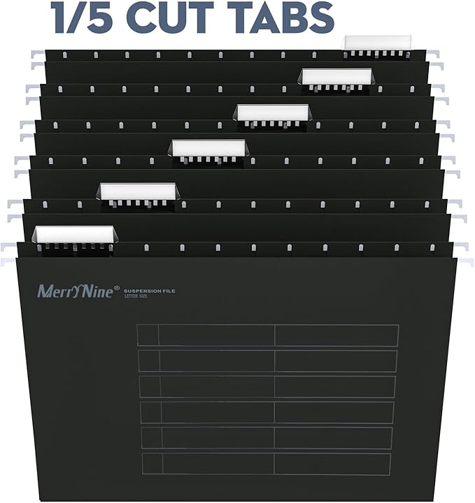 Merrynine Hanging File Folders Letter Size 72pcs, Paper Filing Cabinet Folders Organizer with 1/5-Cut Tabs and Inserts, Suspension File Organizers for Office School Home Hospital, Black