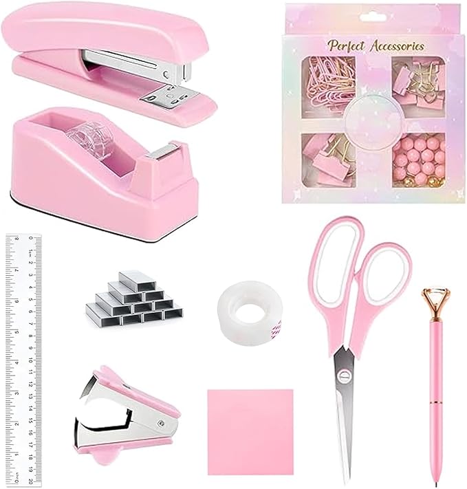 Office Supplies Set,Desk Accessories,Stapler and Tape Dispenser Set,1000 Staples,Staple Remover,Hinder Clips,Ruler,Scissor,Clear Tape,Ballpoint Pen,Sticky Notes,Gifts for Colleagues(Pink)
