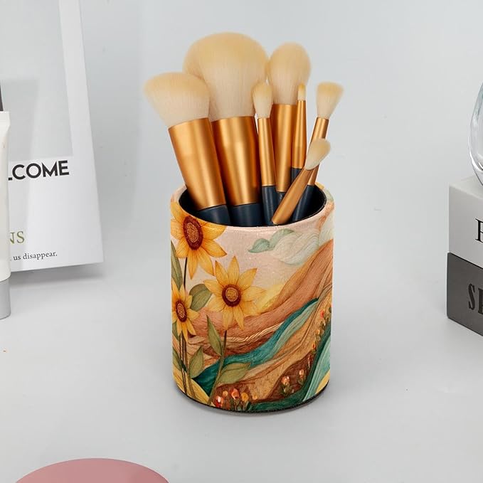 Watercolor Art Sunflower PVC Leather Circular Pencil Holder for Desk Organizer Stationery Holder for Office, School(3.9 x 3.1 Inches)