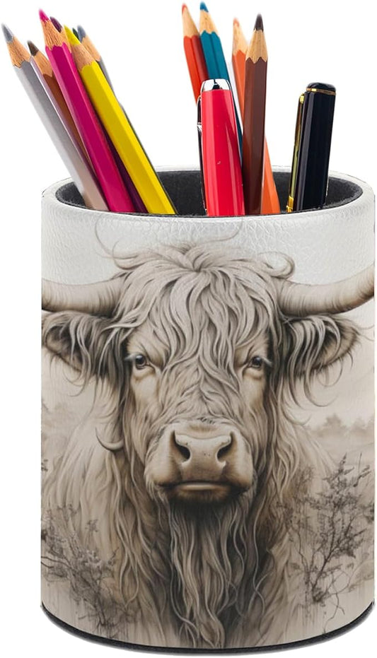 Highland Cow Pen Holder Pencil Organizer Cute Pencil Cup Desk Decor Makeup Brush Holder PU Multifunctional Office Suppliesfor Home Classroom School