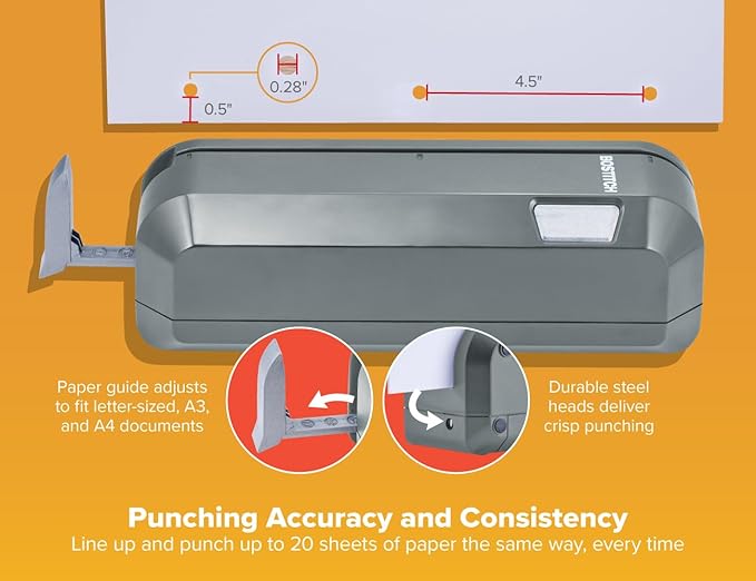 Bostitch Office Electric 3-Hole Punch, Dual Paper Loading, Heavy Duty, Jam-Free 20 Sheet Capacity, AC Adapter or Battery Powered, Space Saving, Grey, (EHP20-GRY)