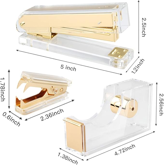 Gold Acrylic Stapler Set - Desk Accessory & Decoration Kit for Gift, Clear Stapler with 1000 Pcs Staples and Staple Remover, Tape Dispenser, Office Supplies Set