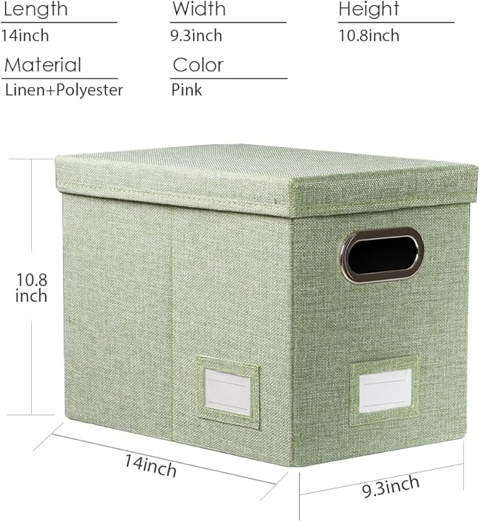 PRANDOM File Organizer Box - Set of 4 Collapsible Decorative Linen Filing Storage Hanging File Folders with Lids Office Cabinet Letter Size Green (14x9.3x10.8 inch)