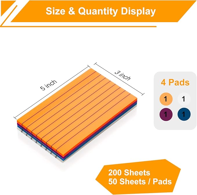 3"x5" Lined Transparent Sticky Notes, 4 Pads 4 Colors Large Clear See Through Translucent Self-Adhesive Post Memo Reminder Tabs with Lines for Office Women College School Students Classroom Supplies