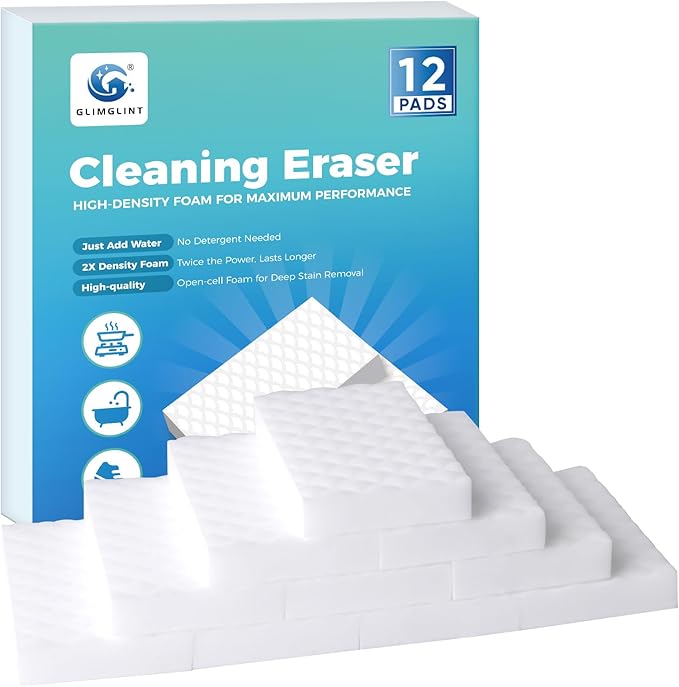 GLIMGLINT 12PK Magic Sponges Cleaning Eraser, Powerful Scrubber Foam Pads, 2X Density Stronger Sponge for Household, Multi-Surface Cleaning Supplies for Kitchen, Furniture, Bathroom, Sink, Wall