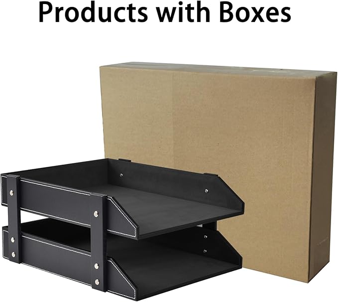 Leather Desk Organizer,2-Tier Stackable Letter Tray Holder,Office Supplies Desktop Storage Box for Document,Stationery,Magazines,Newspapers,Letters and Other Home Office Paper Sundries,Black