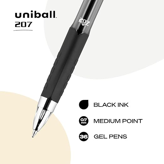 uni-ball 207 Retractable Gel Pens, Medium Point (0.7mm), Black, 36 Count