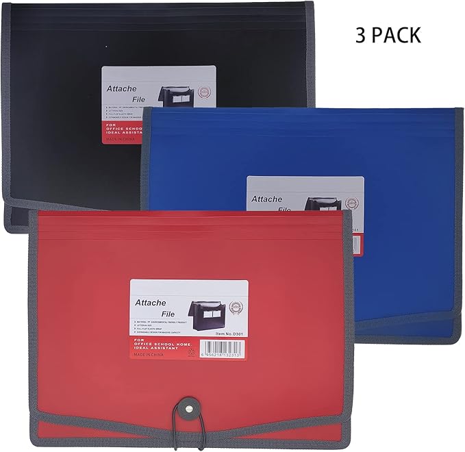 Premium Quality Plastic Expanding File Folder Document Organizer, 3.5" Expansion, A4 Letter Size for Home School Office Organization, 3 Pack (RED/Blue/Black)