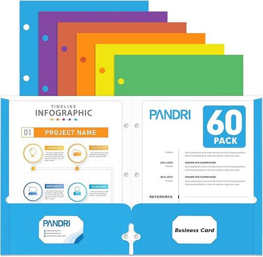 Two Pocket Portfolio Folders, PANDRI 60 Pack 3 Hole Punched 2 Pocket Folders for 3-Ring Binder, Letter Size Paper File Folder for School Office Home Business, Assorted 6 Colors