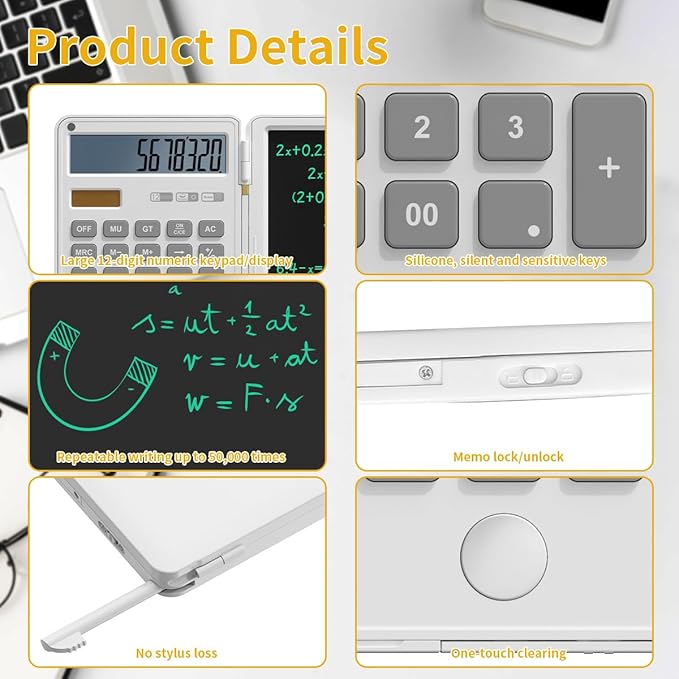 Calculator with Writing Pad,12-Digit LCD Display, Dual Power Solar + Coin Cell,1-Yr Battery Life Silicone Keys for Comfort Lightweight Portable for Students/Engineers/Professionals (White)