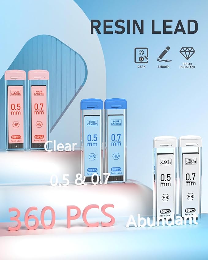 Four Candies Mechanical Pencil Set with Case, 6PCS Aesthetic Mechanical Pencils 0.5 & 0.7mm with 360PCS HB Lead Refills, 12PCS Erasers, Cute Mechanical Pencils for Writing, Drawing and Sketching