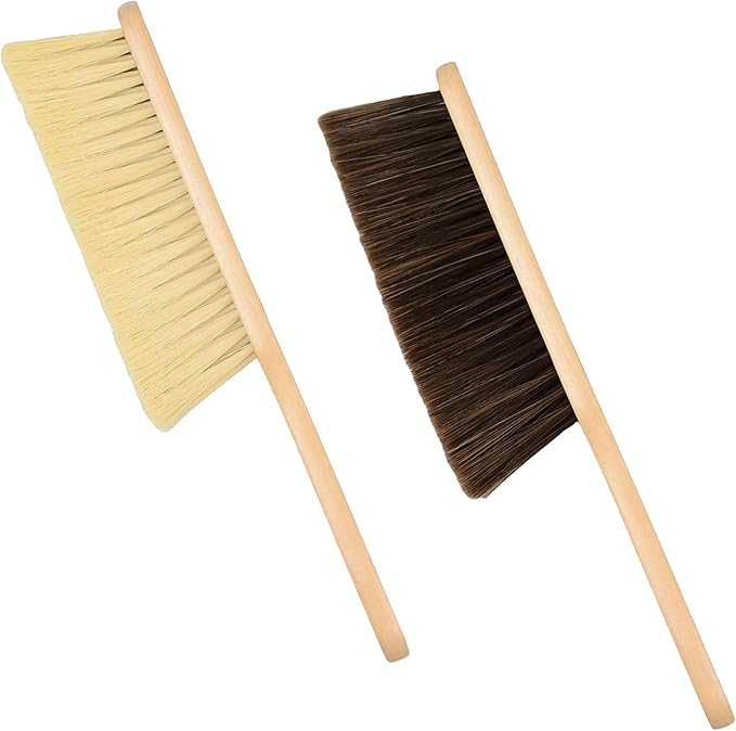 2 Pieces Woooden Dust Brush Hand Broom Bench Brush with Long Wood Handle Whisk Broom Soft Bristle Brush for Counter Bed Sofa Car Fireplace Clothes Household Cleaning (Brown)