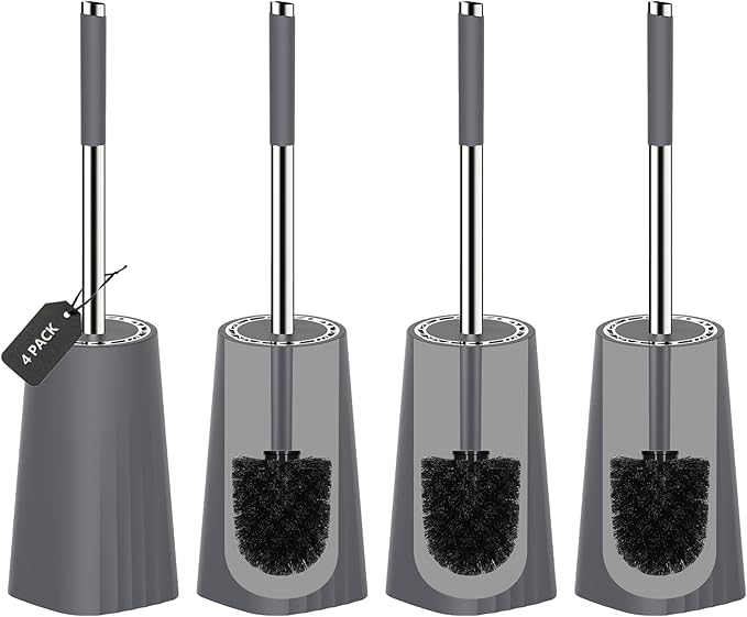 SetSail Toilet Brush, Compact Size Toilet Bowl Brush and Holder Toilet Brushes for Bathroom with Stainless Steel Handle Toilet Cleaner Brush with Durable Scrubbing Bristles, 4 Packs, Gery