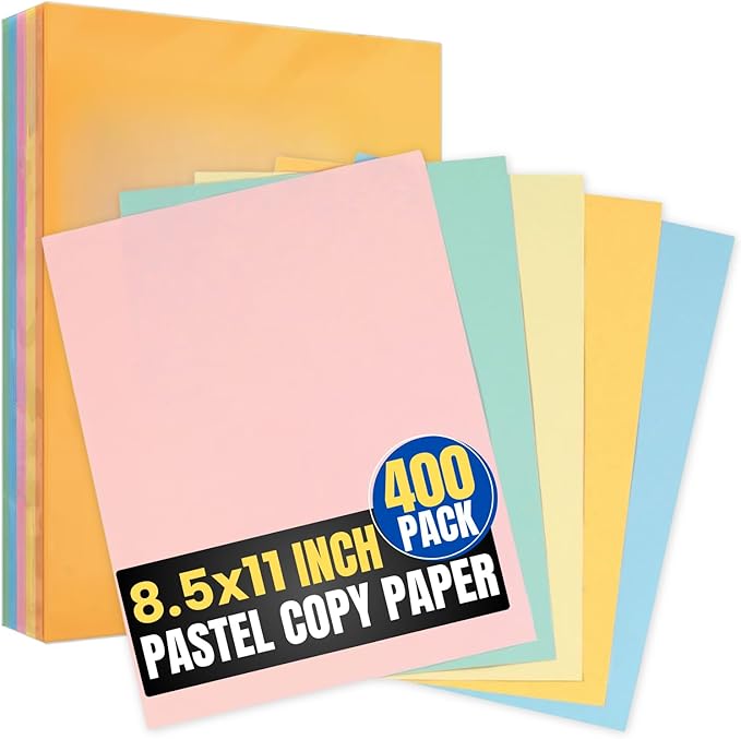 1InTheOffice Pastels Colored Copy Paper, Assorted, 8.5 x 11 inch Letter Size, 20lb Density, (400 Sheets)