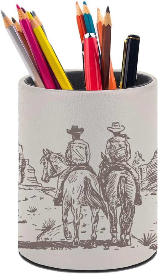 Western Desert Cowboy Pen Holder Pencil Organizer Cute Pencil Cup Desk Decor Makeup Brush Holder PU Multifunctional Office Suppliesfor Home Classroom School