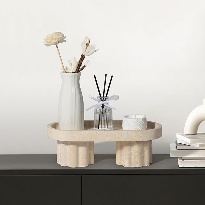 Natural Beige Travertine Oval Tray with Two Legs - 10 Inch Elegant Vanity Decor, Desk Organizer for Perfume, Jewelry & Candle Holder | Durable Stone Serving Tray
