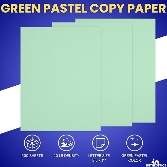 1InTheOffice Green Copy Paper, Printer Paper, Colored Copy Paper, 20 lbs., 8.5" x 11", 20 lbs., 500 Pack