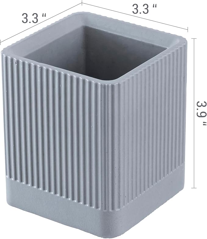 MyGift Fluted Gray Concrete Pen Holder for Desk – Modern Office Stationery Organizer for Pens, Pencils, and Supplies