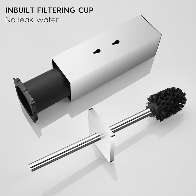 JOVYXIE Bright Silver Stainless Steel Square Toilet Brush with Metal Lid Dual-Use Toilet Brush Holder with Drilled + Drill-Free Hook Base Includes Removable Inner Bucket (Bright Silver)