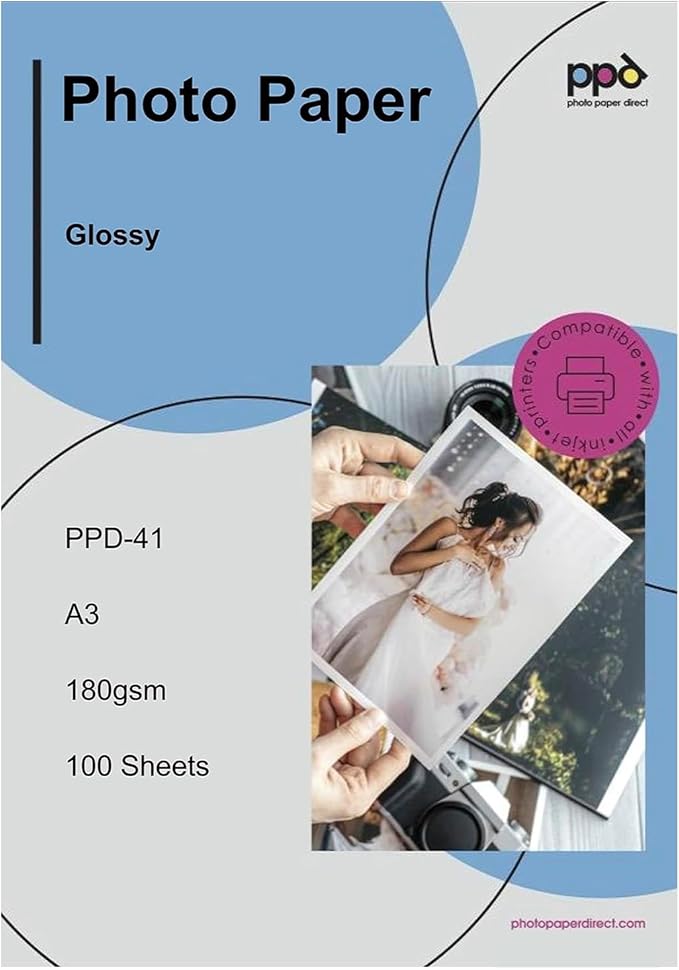 PPD Glossy Photo Paper for Inkjet Printer, 11 x 17" Heavyweight Quality Printable Sheets for Custom Picture, Professional Photographic Instant Dry For Normal, Dye or Pigment Ink (50 Pack/180 gsm)