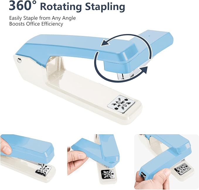 MJMX 360° Rotating Swing-Arm Stapler, 25-Sheet Capacity, with 1000 Staples, 8-Position Lock, ABS Durable Design, for Office/Home/School (White+Blue)