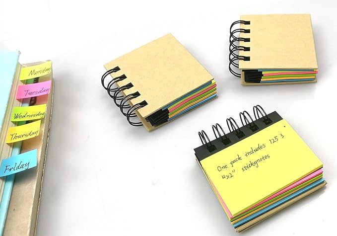 RHAWOM 12 Pads Mini Sticky Note Pads Sets,Hard Cover Cute Spiral Notepad with Variety Size,3 x 3.5 in ，Book Page Tabs Coil Post,Gifts for Work Friends Notebook Bulk 250 Count/Pad