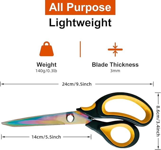 Scissors All Purpose, 9.5 Inch Premium Stainless Steel Scissors Heavy Duty Titanium Coating Sewing Fabric Scissor Cutting Fabric Leather, Hand Cutting Tools for Office, Home, School, Sewing and Crafts