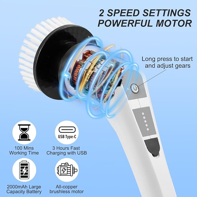 Electric Spin Scrubber,Cordless Spin Scrubber for Cleaning with 8 Replaceable Brush Heads,Shower Scrubber with Adjustable Detachable Handle for Bathroom,Kitchen