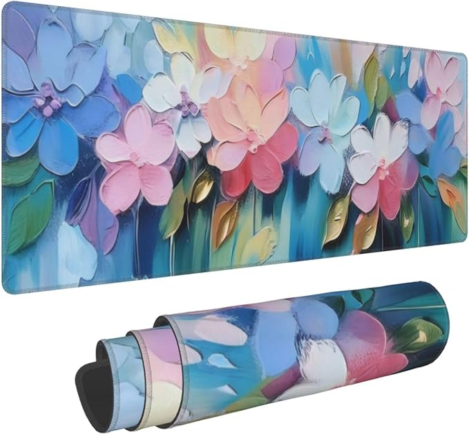 Gaming Mouse Pad, Large Non-Slip Rubber Base Mousepad, Keyboard Mouse Mat, Desk Pad with Stitched Edges, 31.5x11.8inch, Oil Flower