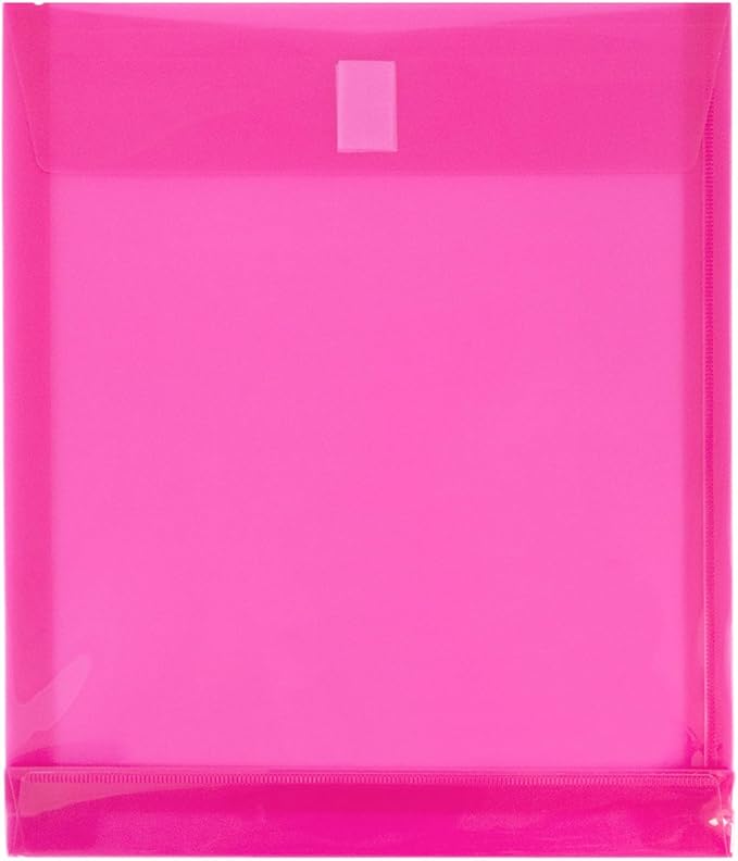 JAM PAPER Plastic Expansion Envelopes with Hook & Loop Closure - Letter Open End - 9 3/4 x 11 3/4 with 1 Inch Expansion - Fuchsia Pink - 12/Pack
